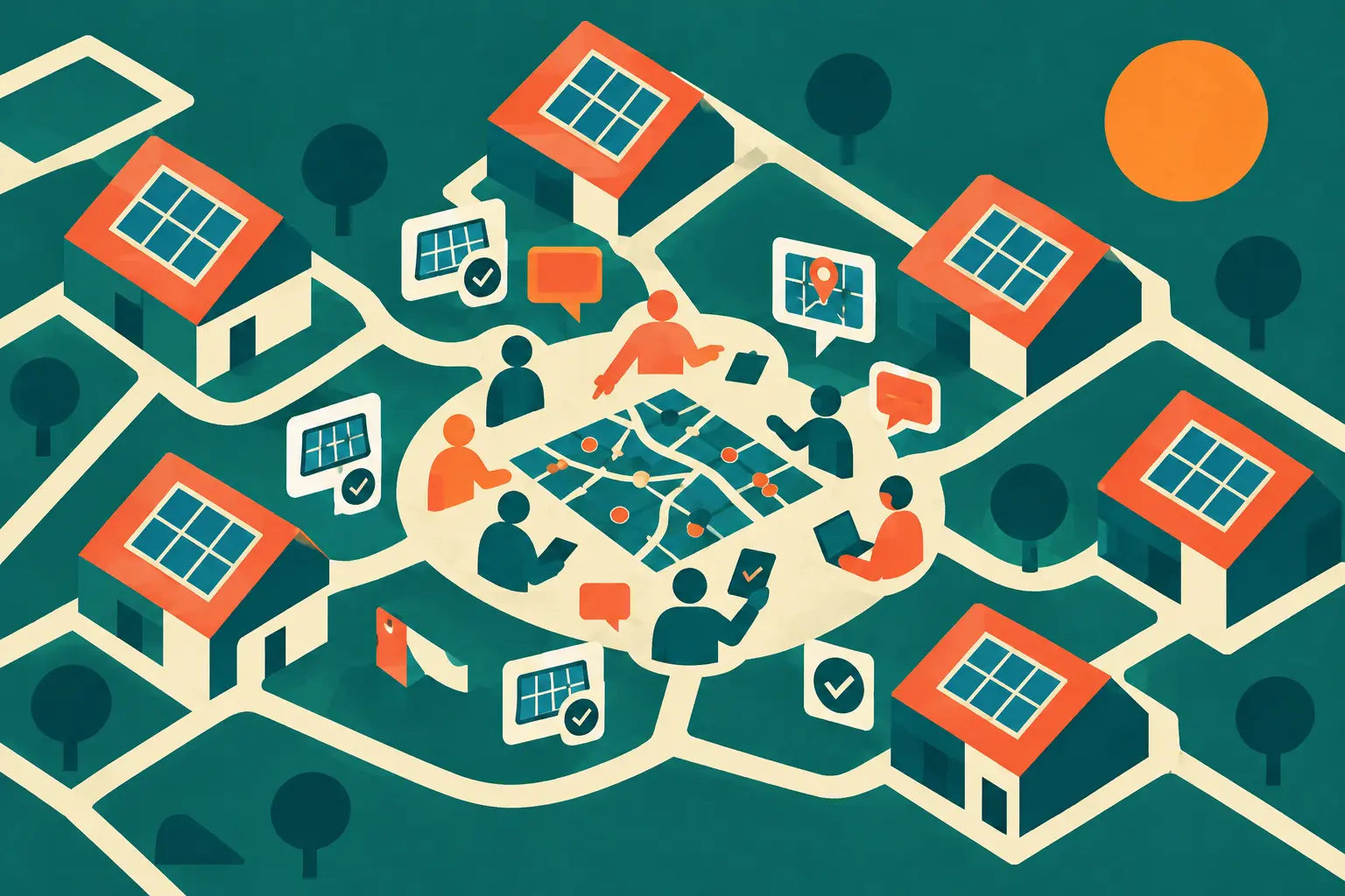 Illustration: a group of people gathered around a map in the middle of a neighbourhood of houses with solar panels on their roofs, surrounded by check marks and speech bubbles
